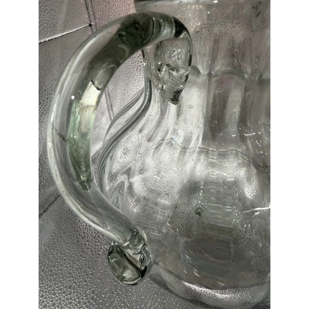 Vintage Large Handblown Glass Clear Pitcher Jug Optic Handled Ribbed 148 OZ
